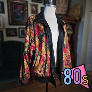 Vintage 80s Chili Pepper Reversible Floral Jacket Womens L Windbreaker Bomber